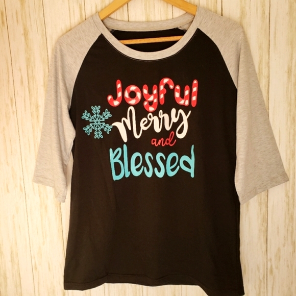 Holiday Raglan Tee Joyful Merry and Blessed Black & Gray Size Small NWOT - Picture 1 of 6